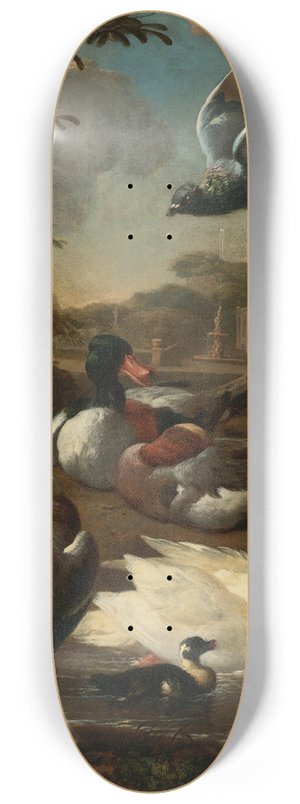 Melchior d'Hondecoeter - A peacock, pigeon, ducks and other birds in a garden setting 8.25 inch art skate deck