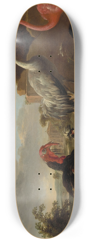 Melchior d'Hondecoeter - A sarus crane, a flamingo, a wild bronze turkey cock, two Paduan fowl, a silver birchen game cockerel, and a hoopoe in a landscape 8.25 inch art skate deck