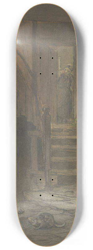 Anton Burger - Vorplatz eines Bauernhauses, rechts ein Spinnrad, links zwei streitende Katzen 8.25 inch art skate deck