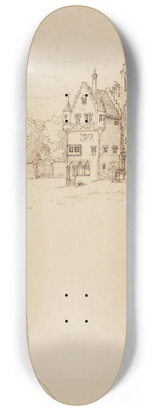 Moritz von Schwind - Drei gotische Huser zwischen barockem Gartentor und gotischem Kirchenchor, darunter Skizze eines schreitenden Mannes 8.25 inch art skate deck