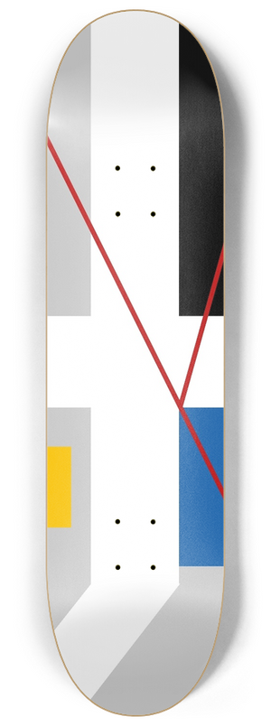 Myriam Thyes - Four spaces with red rolling circles 8.25 inch art skate deck