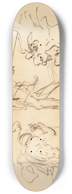 Neapolitan 17th Century - Sheet of Studies with a Soldier Drawing a Sword, a Crucifix, Monstrous Animals, and Other Figures 8.25 inch art skate deck