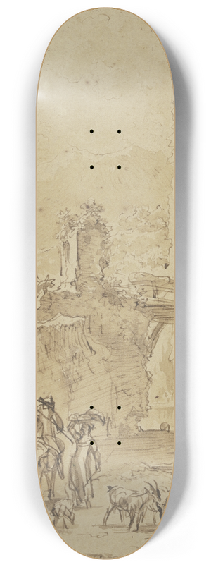 Nicolaes Pietersz. Berchem - Burgruine, ber dem Wasser ein Steg im Vordergrund, Hirte zu Esel und Hirten zu Fu mit Vieh 8.25 inch art skate deck