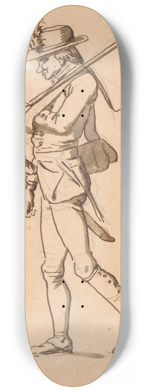 Nicolai Abildgaard - Karikatur af en soldat i profil til venstre Hans venstre arm ligger i bind, men brer dog et gevr 8.25 inch art skate deck