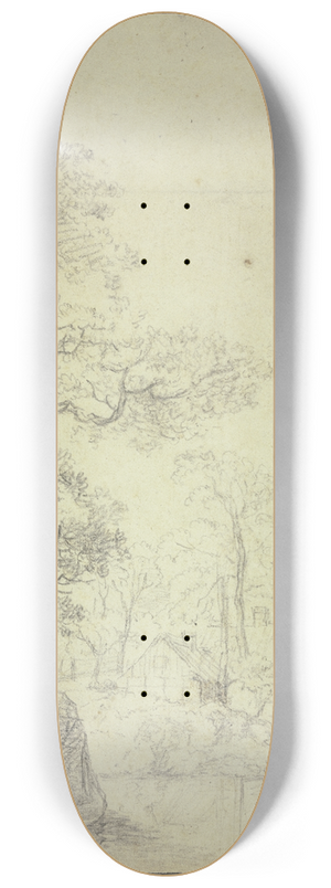 Antonie Waterloo - Unter hohen Bumen mehrere Htten am Wasser mit felsigem Ufer 8.25 inch art skate deck