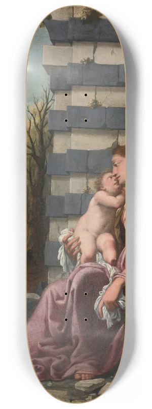North Italian School - MADONNA AND CHILD WITH THE INFANT SAINT JOHN THE BAPTIST, AMONG ARCHITECTURAL RUINS, A LANDSCAPE BEYOND 8.25 inch art skate deck