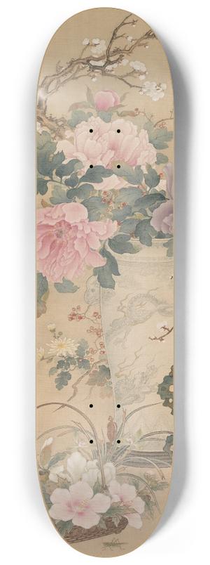 Okabe Ko - Vase of Flowers with Grasshopper, Marine Life, and Garden Rock 8.25 inch art skate deck