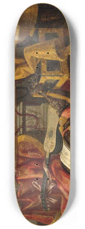 Antonio Tibaldi - A clock, a vase of flowers, a lute, a guitar, a sheet of music, a chair, and drapes 8.25 inch art skate deck