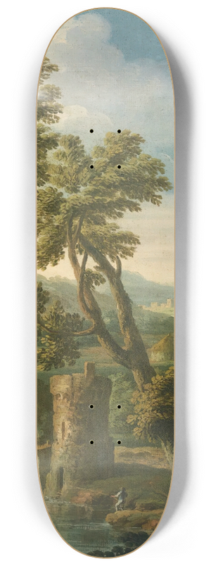 Paolo Anesi - An italianate river landscape with figures in the foreground breaking up a tree, fishermen and mountains beyond 8.25 inch art skate deck