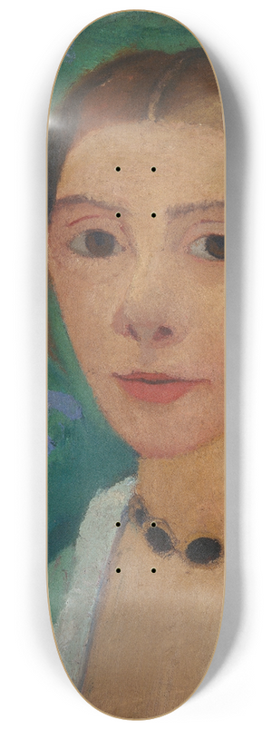 Paula Modersohn-Becker - Self-portrait in front of a green background with a blue iris 8.25 inch art skate deck Paula Modersohn-Becker - Self-portrait in front of a green background with a blue iris 8.25 inch art skate deck