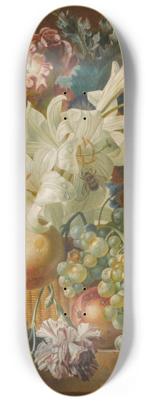 Paul Theodor Van Brussel - Still life with lilies, poppies, plums, melons and grapes on a ledge with insects 8.25 inch art skate deck
