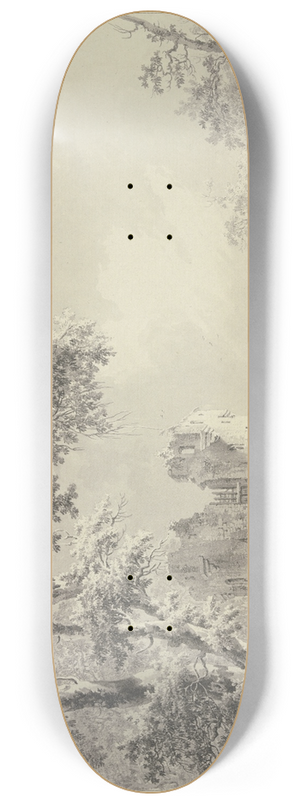 Paulus van Liender - Links eine Turmruine am Wasser, rechts eine Brcke, vorne zwei Fischer bei einem Netz 8.25 inch art skate deck