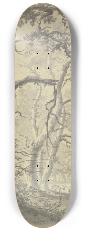 Paulus van Liender - Waldpartie, auf einer Lichtung an einem Zaun liest ein Mann mit Reisig auf 8.25 inch art skate deck