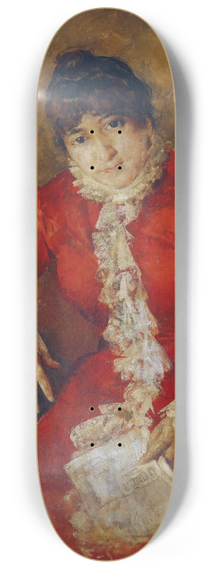 Anton Romako - Frau im scharlachroten Kleid mit Zeitungsblatt und Ficus Frau im roten Kleid mit Zeitung 8.25 inch art skate deck