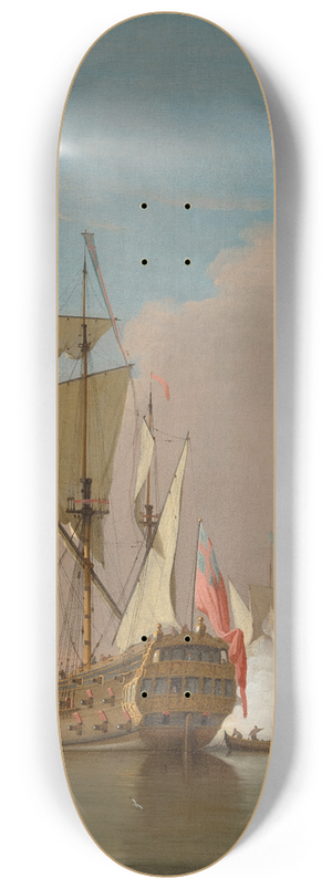 Peter Monamy - A Royal Navy 46-gun Man-o-war firing a salute in a calm sea 8.25 inch art skate deck