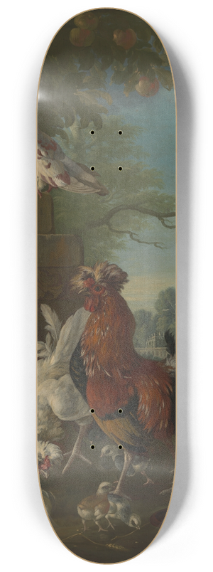 Pieter Casteels - Domestic cock, hens, and chicks in a park 8.25 inch art skate deck