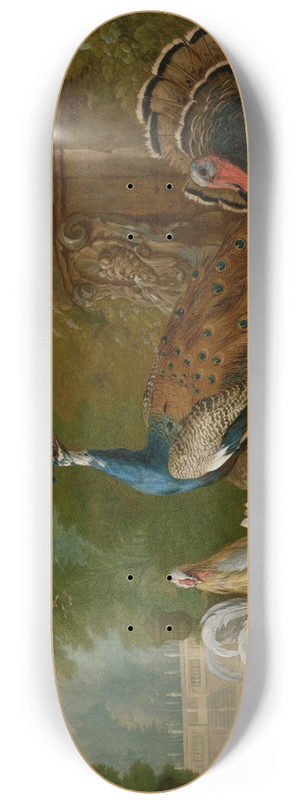 Pieter Casteels III - A peacock, turkey, cockerel, hen, pigeons, other birds and rabbits in a park landscape 8.25 inch art skate deck
