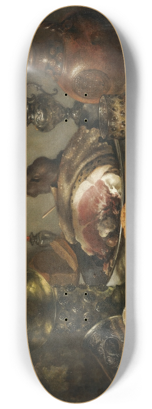Pieter Claesz - Still Life Of A Roemer, An Earthenware Jug, An Overturned Silver Beaker, A Ham And Other Objects Arranged Upon A Draped Table Top 8.25 inch art skate deck