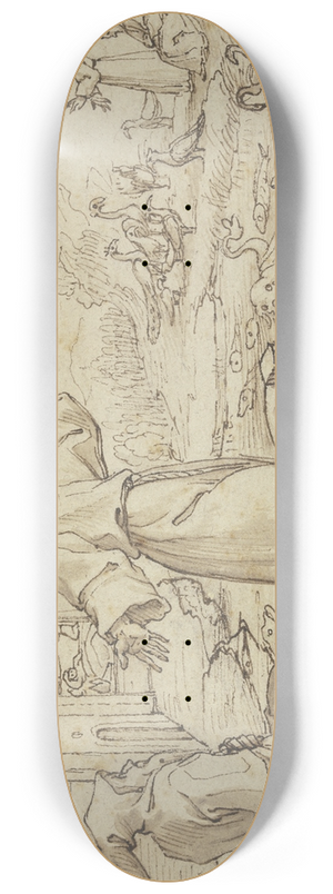 Pieter de Jode I - Der Heilige Franziskus predigt den Tieren, unterdessen trumt Papst Innozenz III. von der Rettung der Kirche durch den Heiligen 8.25 inch art skate deck