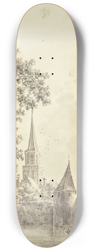 Pieter Jan van Liender - Wassergraben an der Stadtmauer mit einem runden Turm, hinten die Kirche, auf demselben zwei Khne 8.25 inch art skate deck