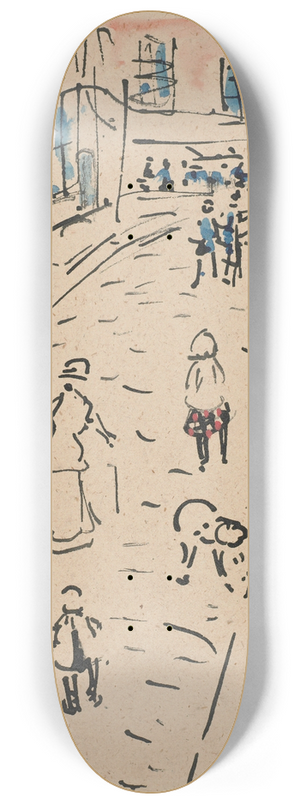 Raymond McIntyre - Street scene with figures 8.25 inch art skate deck