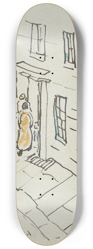 Raymond McIntyre - Street scene with figures in a doorway 8.25 inch art skate deck