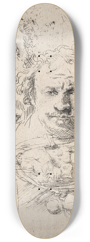 Rembrandt van Rijn - Sheet of Studies with the Head of the Artist, a Beggar Man, Woman and Child 8.25 inch art skate deck Rembrandt van Rijn - Sheet of Studies with the Head of the Artist, a Beggar Man, Woman and Child 8.25 inch art skate deck