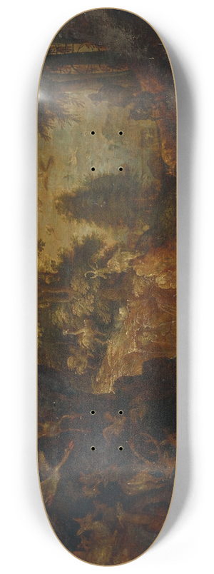 Roelant Savery - A rocky wooded landscape with birds, deer and other animals 8.25 inch art skate deck