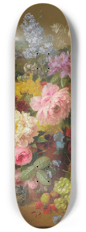 Arnoldus Bloemers - Peonies, Tulips, Roses, Irises and other Flowers with Fruit and a Birds Nest on a Marble Ledge 8.25 inch art skate deck