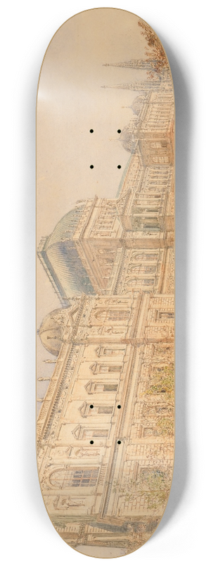 Rudolf von Alt - The University of Vienna on the Ringstrasse, with Horse-Drawn Tram and Figures, a view of the building still under construction in 1878 (erected by Heinrich von Ferstel 1873-1884) 8.25 inch art skate deck