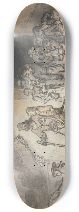 Samuel van Hoogstraten - Ein junger Mann, gestiefelt und gespornt, tritt begleitet von seinem alten Vater und seiner Familie aus einem Haus, im Hintergrund halten Diener sein Pferd 8.25 inch art skate deck