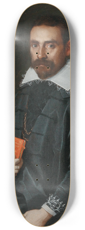 School of Bergamo - Portrait Of A Gentleman, Three-Quarter Length, Holding A Book With A Statue In The Background 8.25 inch art skate deck School of Bergamo - Portrait Of A Gentleman, Three-Quarter Length, Holding A Book With A Statue In The Background 8.25 inch art skate deck