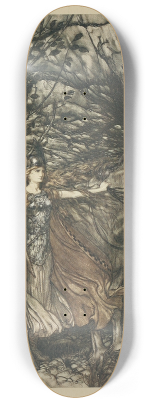 Arthur Rackham - Brunnhilde with her horse, at the mouth of the cave 8.25 inch art skate deck Arthur Rackham - Brunnhilde with her horse, at the mouth of the cave 8.25 inch art skate deck