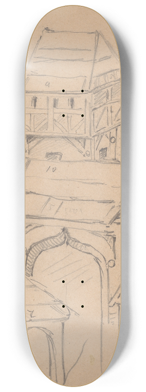 Stanisaw Wyspiaski - Buildings with towers and gates. Drawing of the bas-relief on the wing of the triptych of St Stanislaus in the Chapel of Guardian Angels at St Marys Church in Krakow 8.25 inch art skate deck