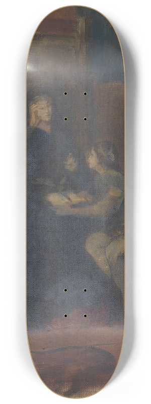 Susanne Renate Granitsch - lskizze einer in einem Innenraum sitzenden Frau in langem Gewand, vor ihr ein sitzender Page mit aufgeschlagenem Buch 8.25 inch art skate deck