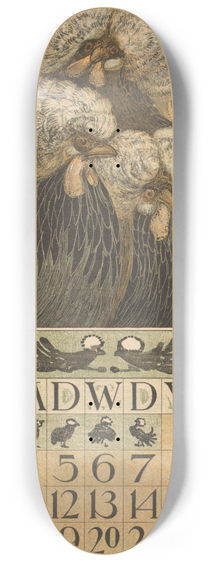 Theo van Hoytema - Kalenderblad juli met drie kuifkippen 8.25 inch art skate deck