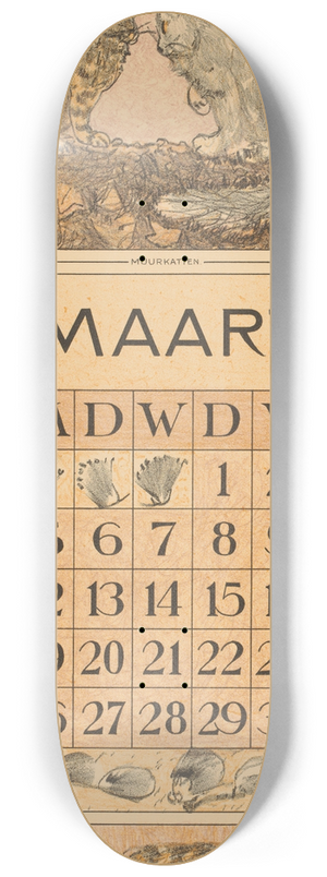 Theo van Hoytema - Kalenderblad maart met twee katten 8.25 inch art skate deck Theo van Hoytema - Kalenderblad maart met twee katten 8.25 inch art skate deck