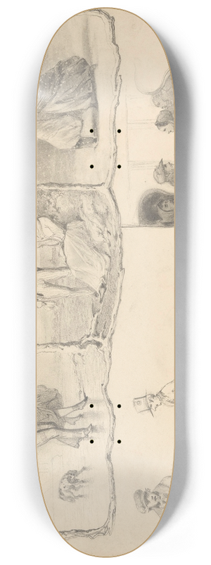 August Alleb - Schetsblad met diverse studies, onder andere van ijspret 8.25 inch art skate deck