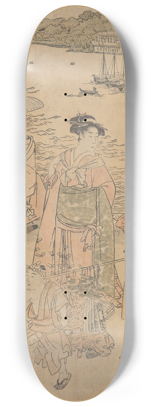 Toyokuni Utagawa - Three Women and Two Children by the Water (ships in background) 8.25 inch art skate deck