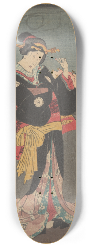 Toyokuni Utagawa - Woman with Black Wrap against Grey Fence [cherry trees in bloom in background] 8.25 inch art skate deck