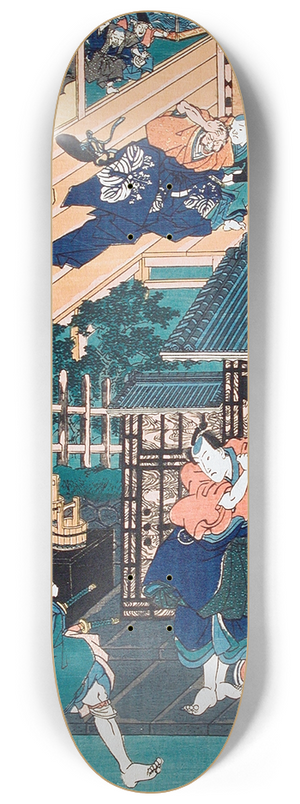 Utagawa Kunisada (Toyokuni III) - Act III; Enya Held from Attacking Moronao by Honz; Kampei Sending Bannai Outside of the Castle to Receive Honzs Gifts Said to Be from Wakasanosuke 8.25 inch art skate deck