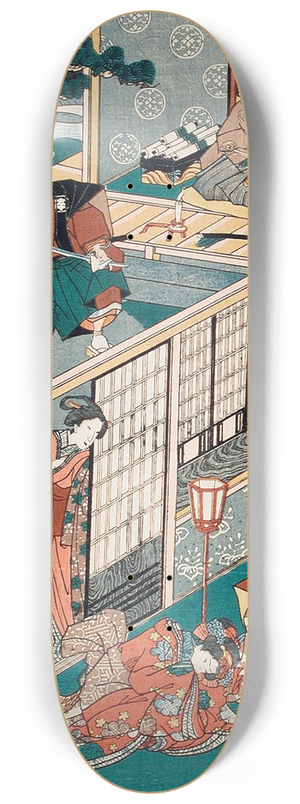 Utagawa Kunisada (Toyokuni III) - Act II; Wakasanosuke Watching Honz Wipe His Sword after Cutting a Pine Branch; Konami Receiving Rikiya with Refreshment. 8.25 inch art skate deck