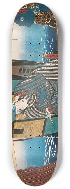 Utagawa Kunisada (Toyokuni III) - Iwai Hanshir VIII as Geisha Ohisa, Kataoka Gad II as Matsushiyama Jinzabur, and Onoe Kikujir II as Izumiyas wife Oume in the Play Matsuich tsurukame Soga 8.25 inch art skate deck