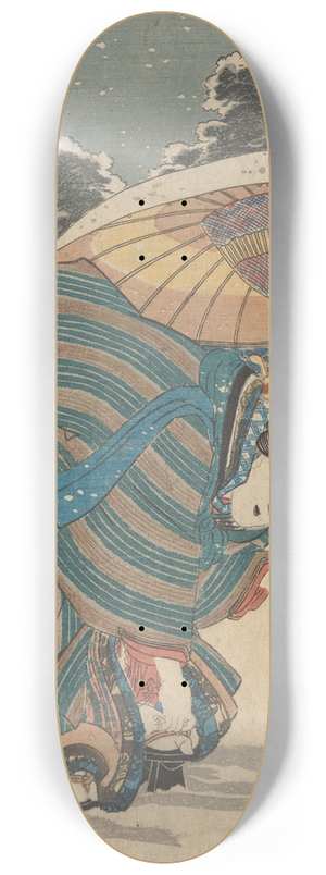 Utagawa Kunisada (Toyokuni III) - Snow Scene; Woman Bending to Adjust Shoe 8.25 inch art skate deck Utagawa Kunisada (Toyokuni III) - Snow Scene; Woman Bending to Adjust Shoe 8.25 inch art skate deck