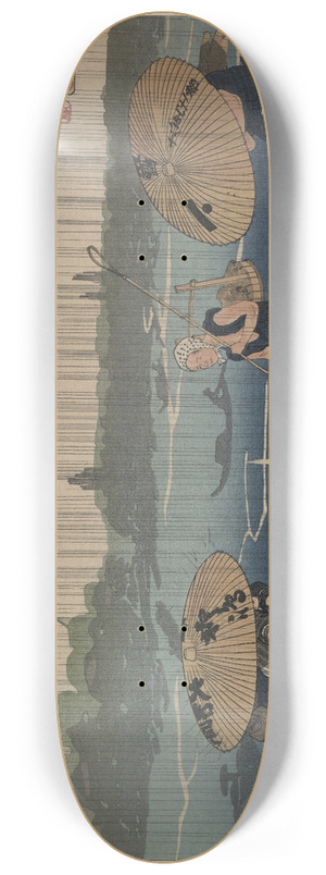 Utagawa Kuniyoshi - People walking beneath umbrellas along the seashore during a rainstorm 8.25 inch art skate deck