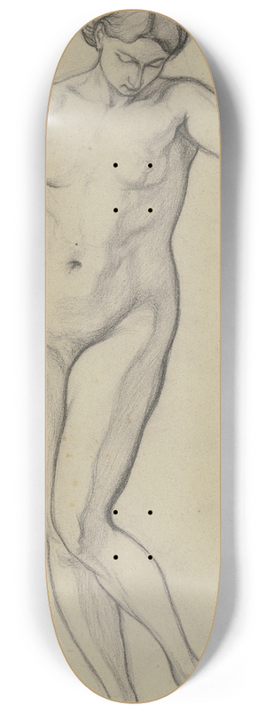 Victor Mller - Stehender weiblicher Akt in Vorderansicht, mit gesenktem Kopf den linken Arm angewinkelt erhoben 8.25 inch art skate deck