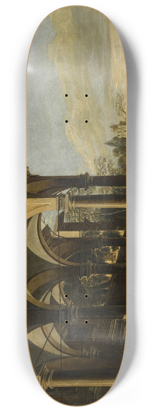 Viviano Codazzi - An architectural capriccio with figures by a colonnaded portico, a castle on a sea archand coastal village beyond 8.25 inch art skate deck