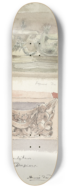 Wilhelm Cornelis Bauer - Drie schetsen van sculpturen in het Muse des Arts-Decoratifs te Parijs 8.25 inch art skate deck