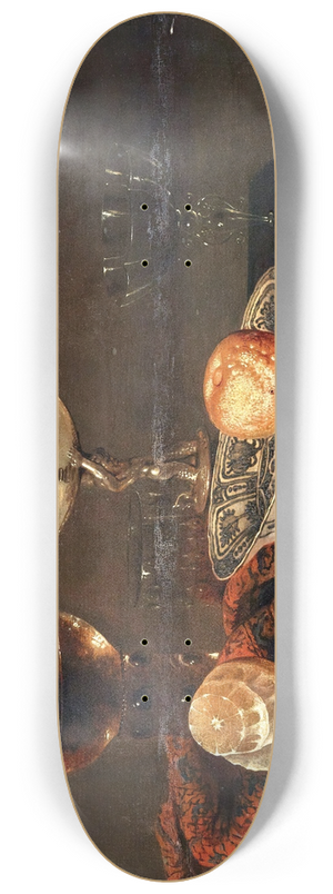 Willem Claesz Heda - A clementine in a porcelain bowl, a nautilus cup, a roemer, two glasses, a knife, a peeled lemon on an ornamental carpet on a table 8.25 inch art skate deck