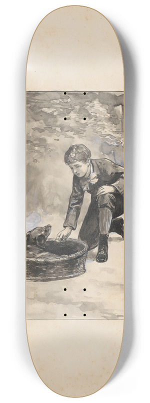 Willem Wenckebach - Jongen knielt bij een hond in een mand 8.25 inch art skate deck
